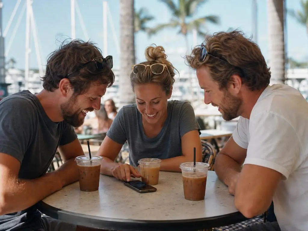 Three friends at a marina cafe choosing a charter date on one phone