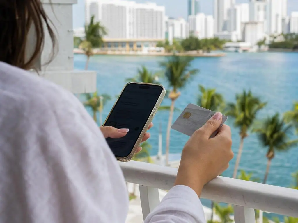 Guest confirming a yacht booking on her phone above Biscayne Bay