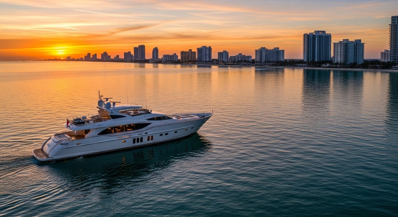 A yacht cruising past South Beach at golden hour with the Miami Beach skyline in the background.