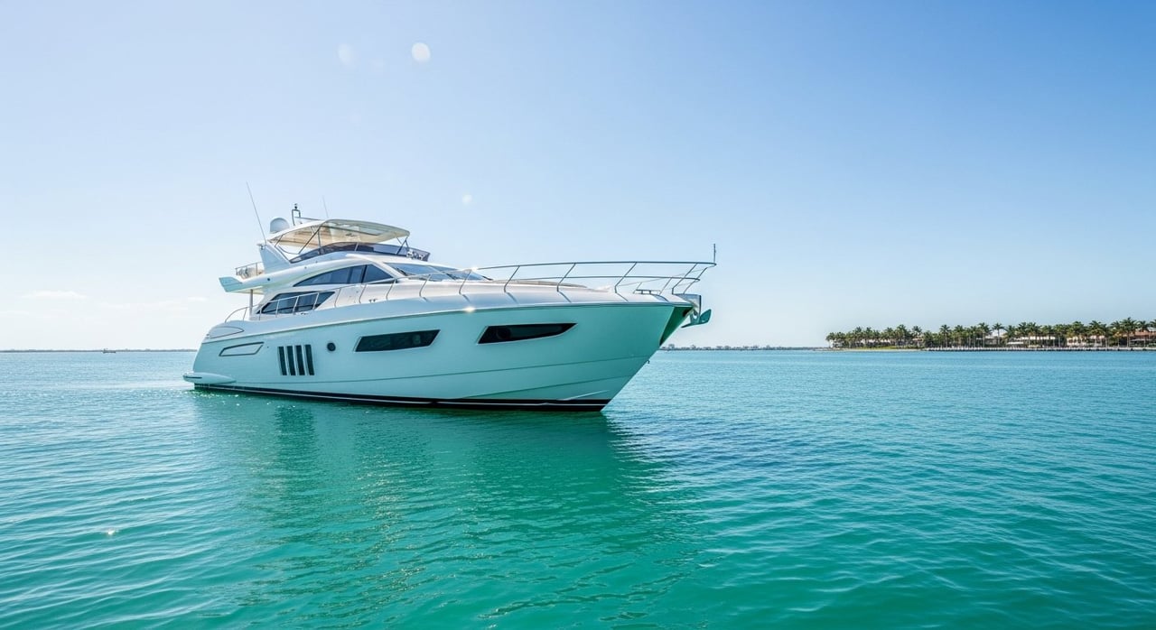 A yacht anchored on calm, sunlit turquoise water under clear blue skies, showing ideal Miami charter weather.