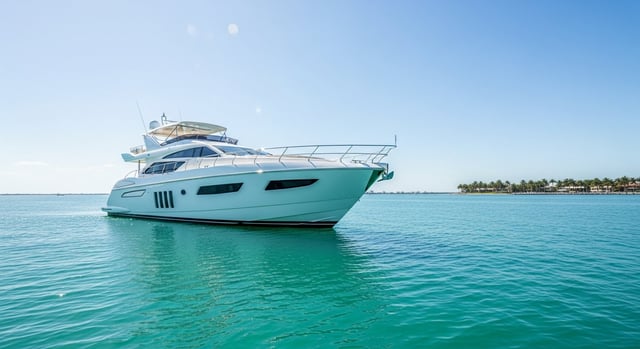 A yacht anchored on calm, sunlit turquoise water under clear blue skies, showing ideal Miami charter weather.