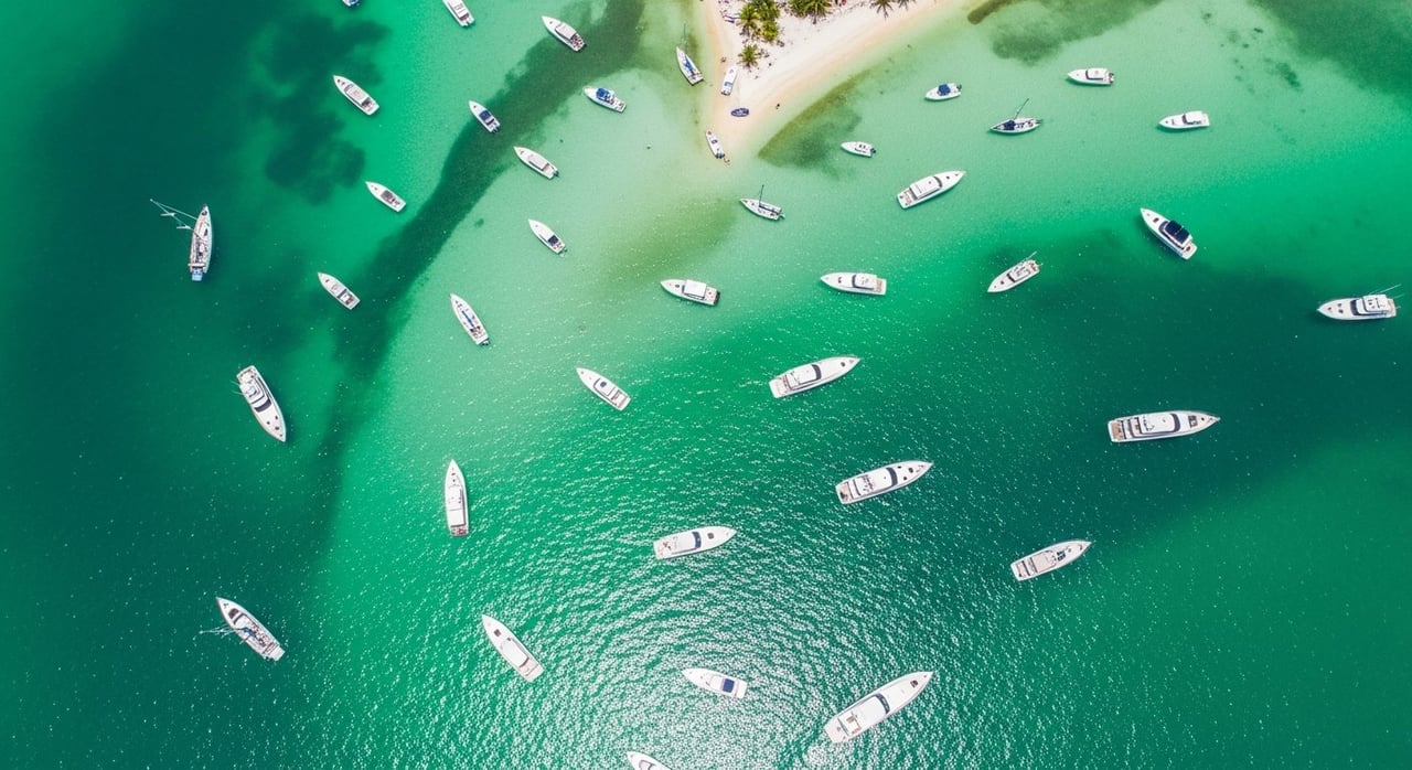 An aerial view of boats anchored on a shallow Miami sandbar surrounded by clear turquoise water.