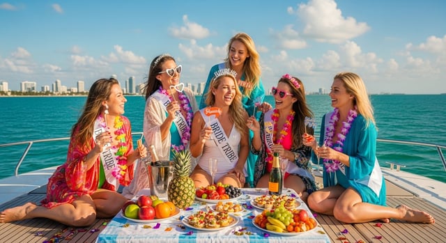 A bachelorette group celebrating on the sun deck of a Miami charter yacht with the skyline behind them.