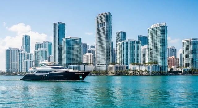 A charter yacht on Biscayne Bay with the Brickell high-rise skyline of downtown Miami rising behind it.