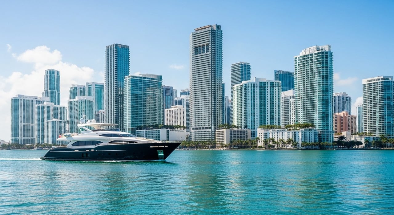 A charter yacht on Biscayne Bay with the Brickell high-rise skyline of downtown Miami rising behind it.