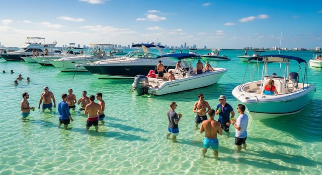 Boats rafted together at a Miami sandbar off Key Biscayne, with people wading in the shallow turquoise water.